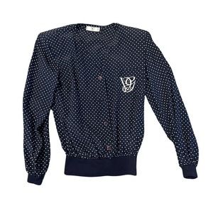Vintage Valentino Miss V Blue & White Polka Dot Blouson Silk Monogram Top Size 6